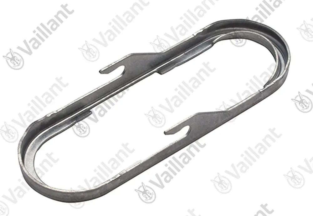 Vaillant-Verschluss aus Metall, länglich mit zwei seitlichen Haken zur Befestigung. Eignet sich für diverse Anwendungen im Heizungsbereich.